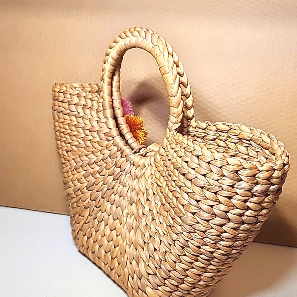 Woven, Rattan Bag, Purse  round Handle with Colorful Pom Poms. New. No tags. - Picture 4 of 7